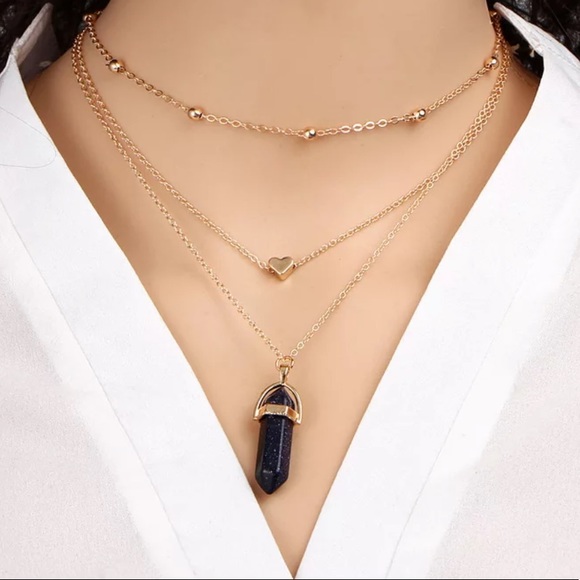 Jewelry - Layered boho black crystal heart necklace gold
